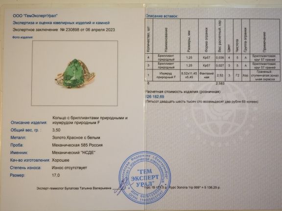 Золотое кольцо с изумрудом и бриллиантами - 256